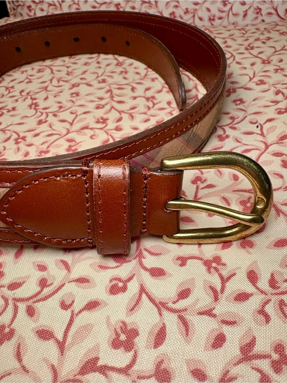 J. Crew Muted Plaid Inlay Brown Leather Belt